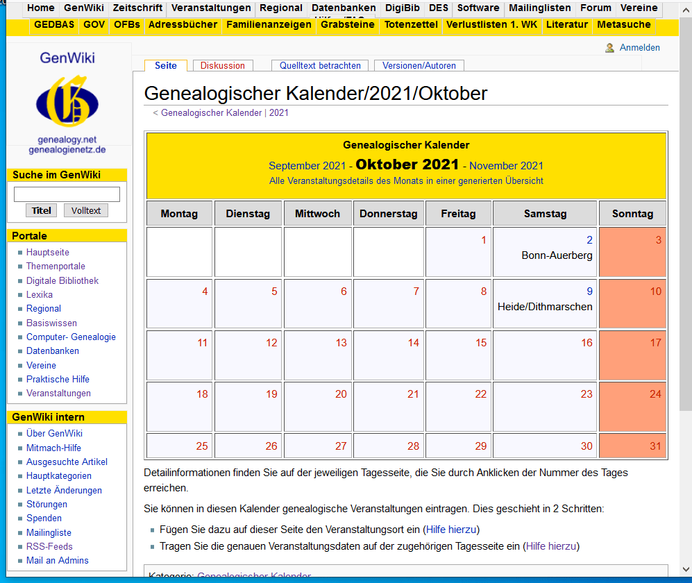 genealogischer Kalender von CompGen